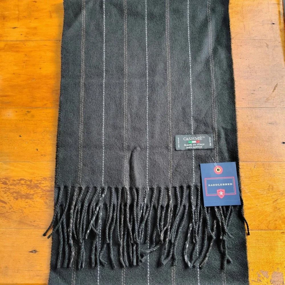 Saddlebred Mens Scarf Charcoal Grey Pinstripe Made in Italy Cashme Soft Acrylic